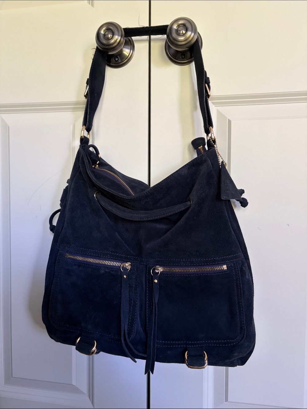 Sorial Navy Suede Shoulder Bag with Gold Hardware